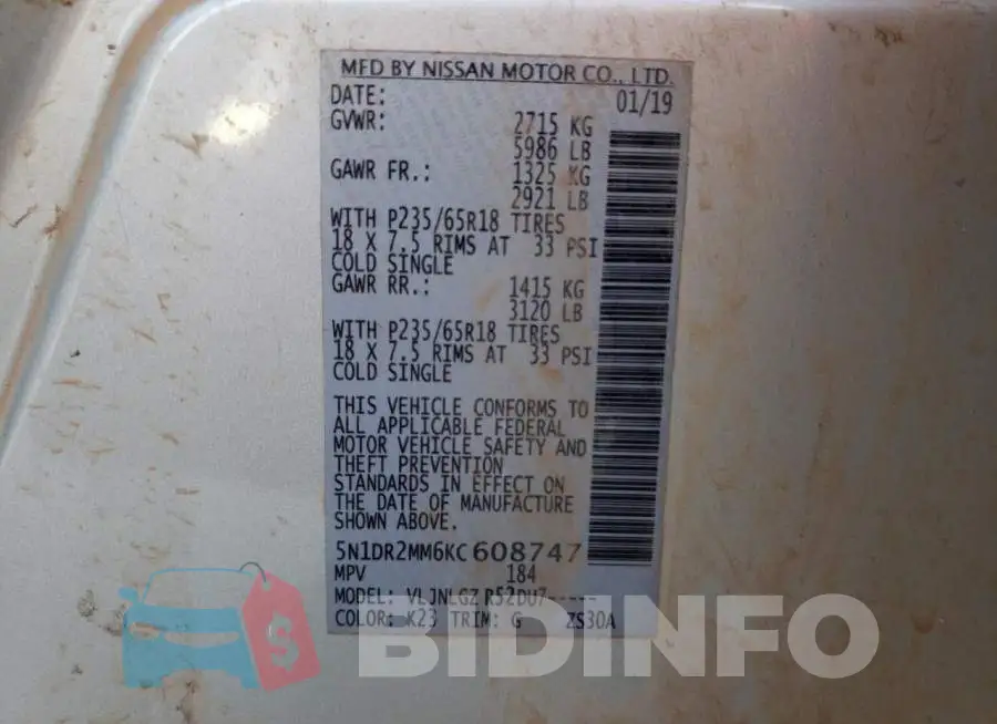 5N1DR2MM6KC608747 Photo# 10