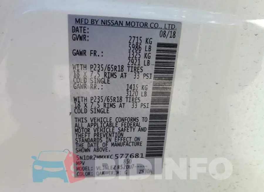 5N1DR2MMXKC577681 Photo# 10