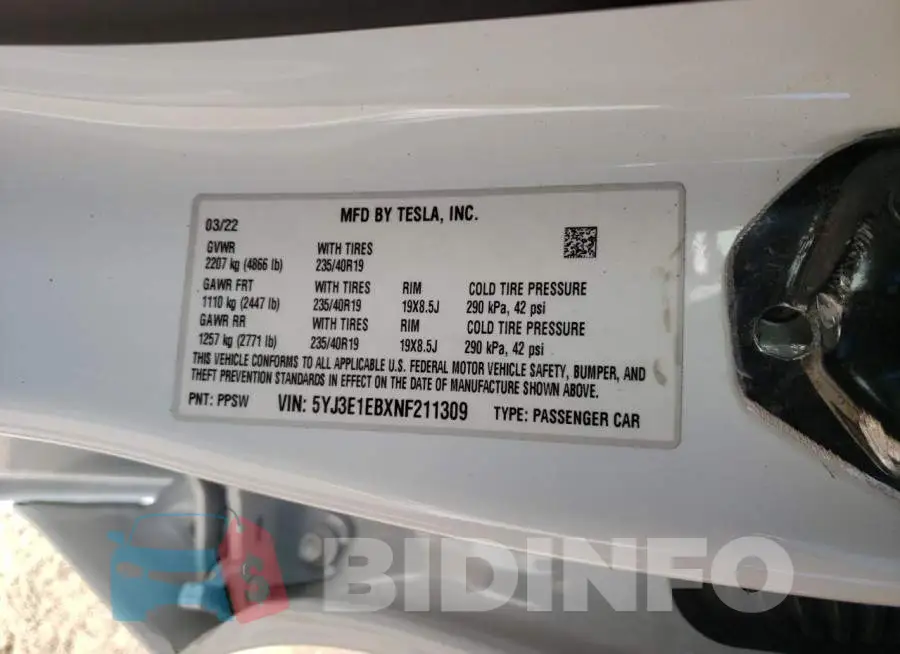 5YJ3E1EBXNF211309 Photo# 12