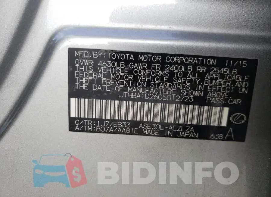 JTHBA1D26G5012723 Photo# 10