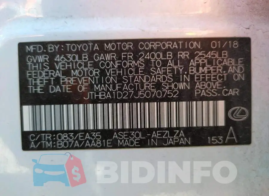 JTHBA1D27J5070752 Photo# 10