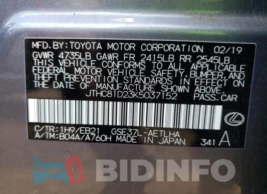 JTHC81D23K5037152 Photo# 10