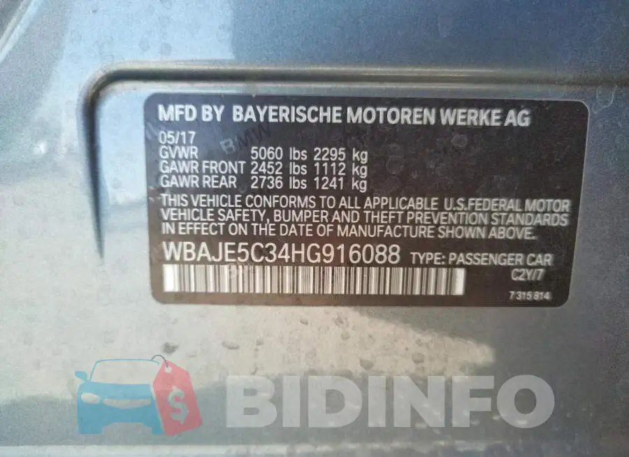 WBAJE5C34HG916088 Photo# 10
