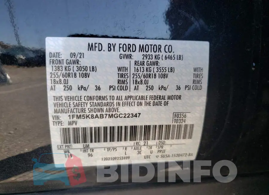1FM5K8AB7MGC22347 Photo# 10