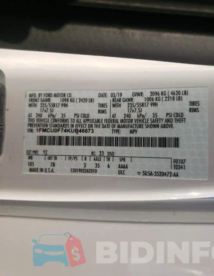 1FMCU0F74KUB46673 Photo# 10