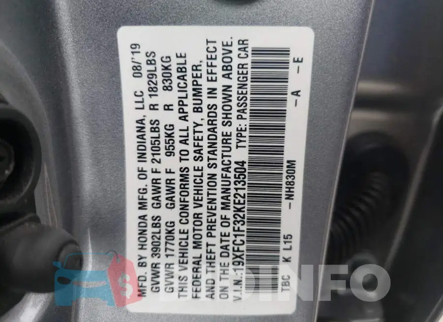 19XFC1F32KE213504 Photo# 10