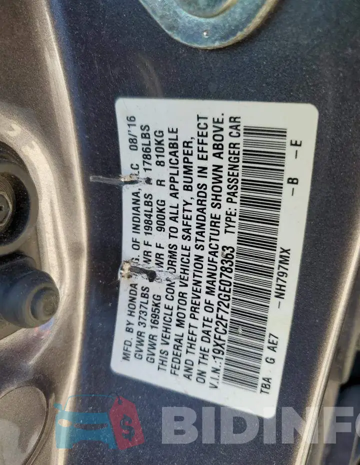 19XFC2F72GE078363 Photo# 10