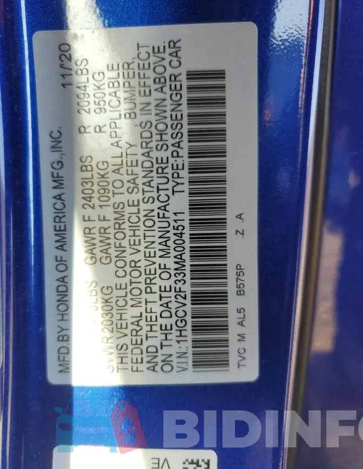 1HGCV2F33MA004511 Photo# 10