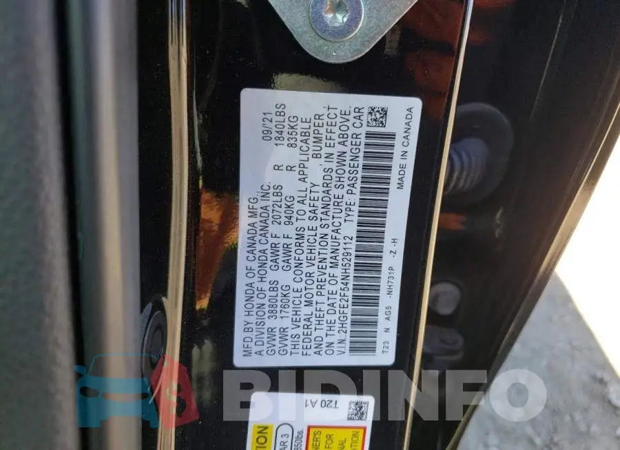 2HGFE2F54NH529112 Photo# 10