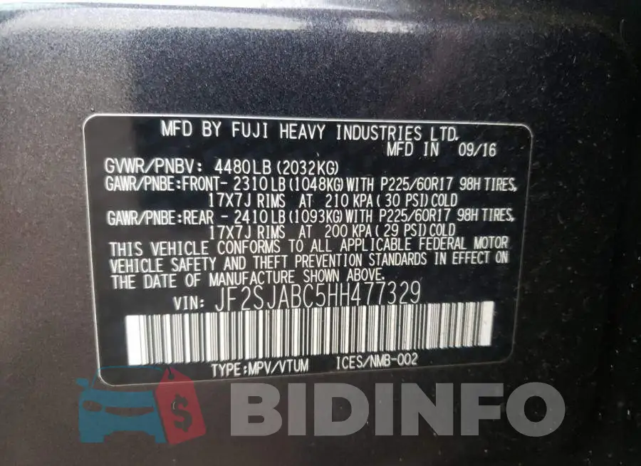 JF2SJABC5HH477329 Photo# 10
