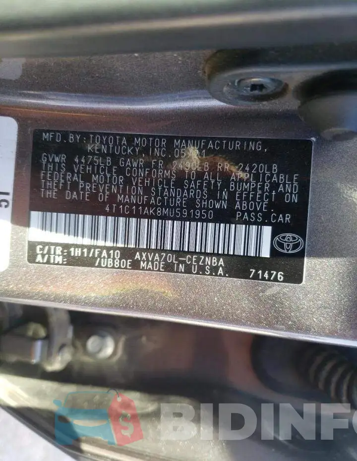 4T1C11AK8MU591950 Photo# 10