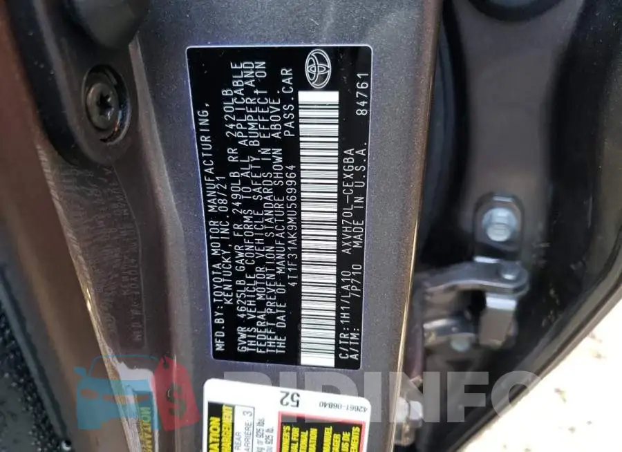 4T1F31AK9MU569964 Photo# 10