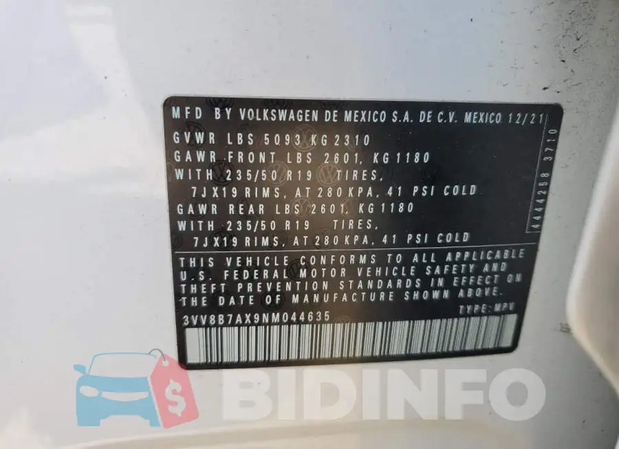 3VV8B7AX9NM044635 Photo# 10