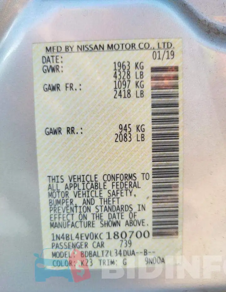 1N4BL4EV0KC180700 Photo# 10