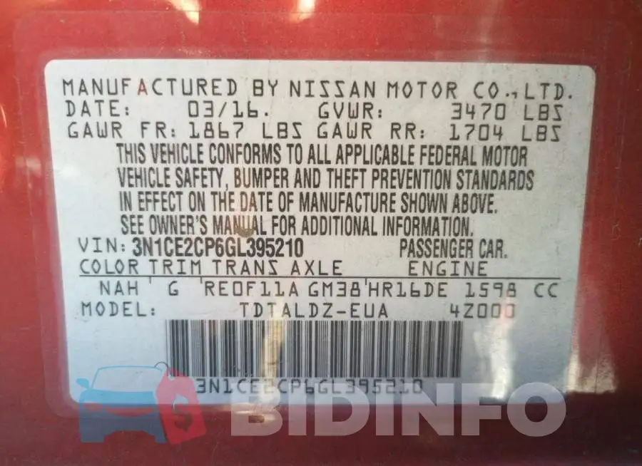 3N1CE2CP6GL395210 Photo# 10