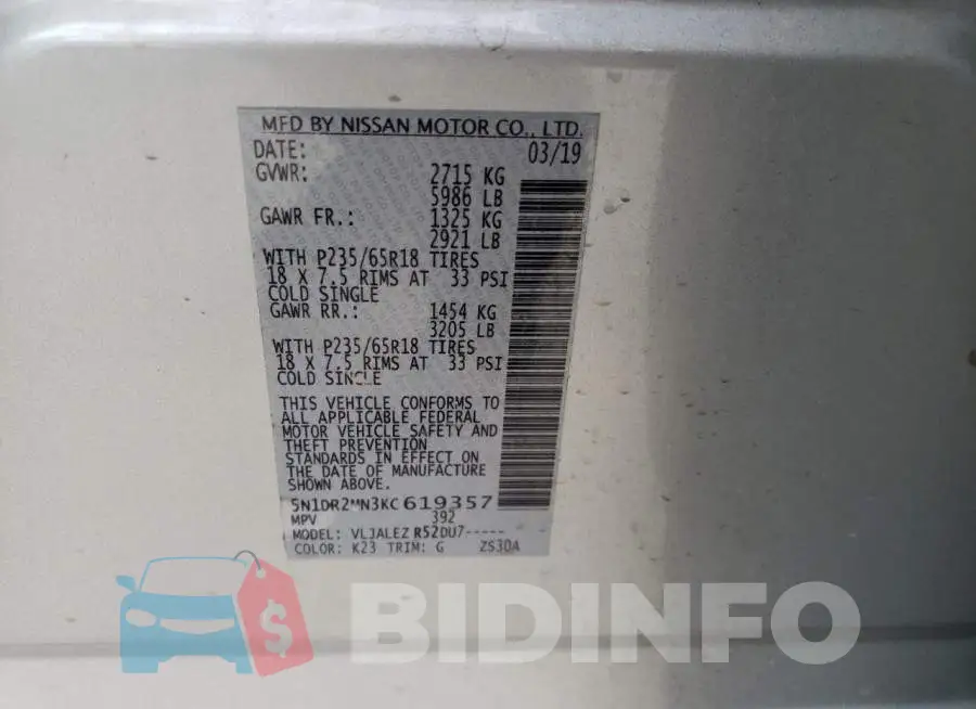 5N1DR2MN3KC619357 Photo# 13