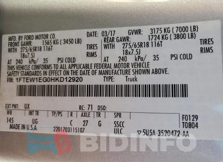 1FTEW1EG0HKD12920 Photo# 10