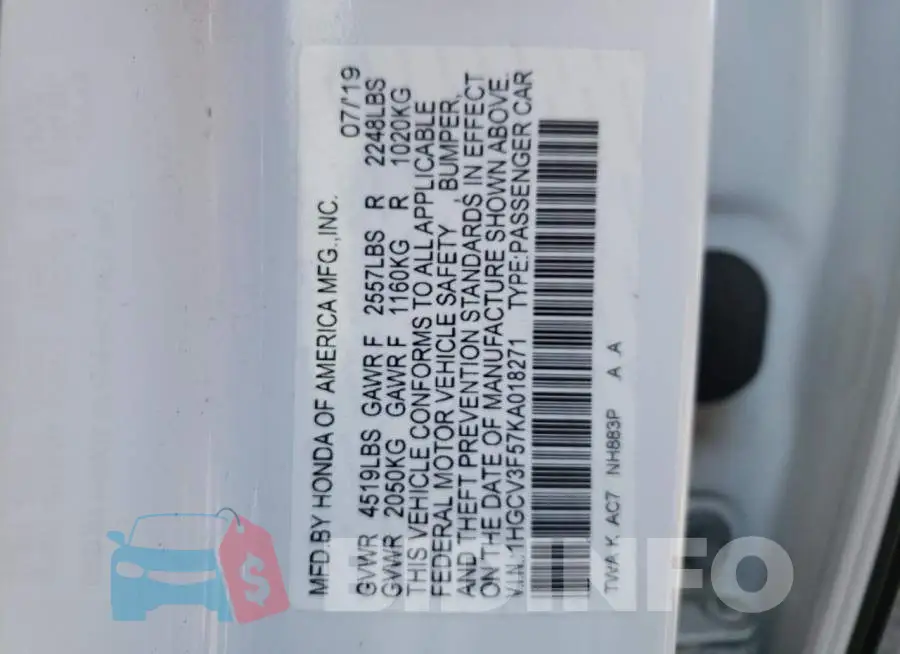 1HGCV3F57KA018271 Photo# 10