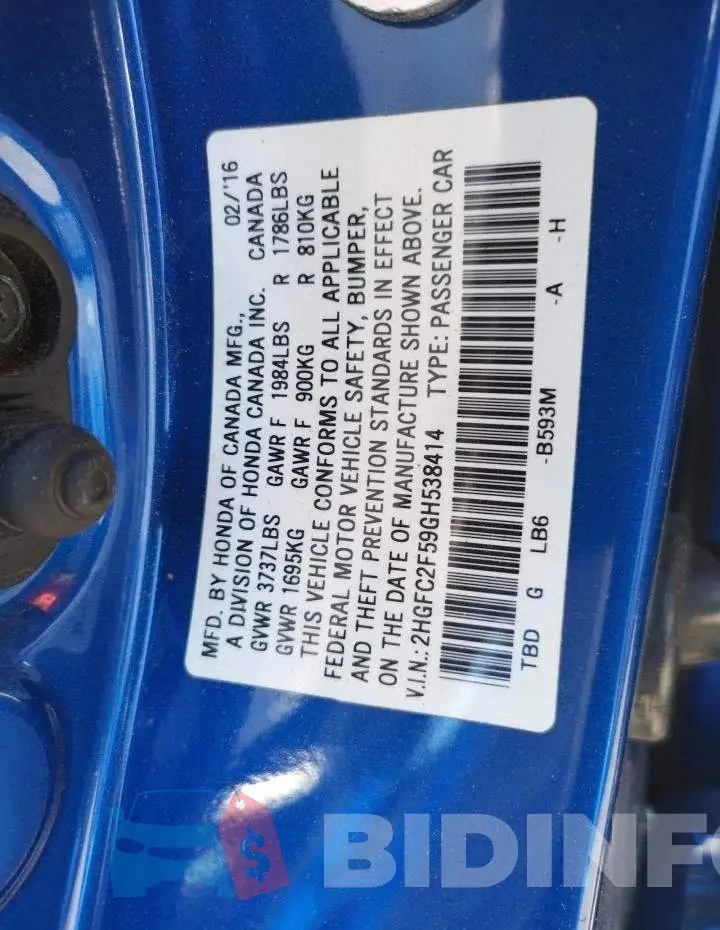 2HGFC2F59GH538414 Photo# 10