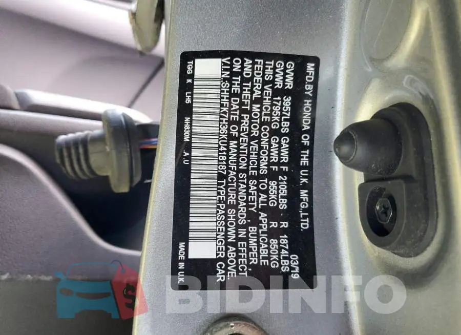 SHHFK7H36KU418187 Photo# 10