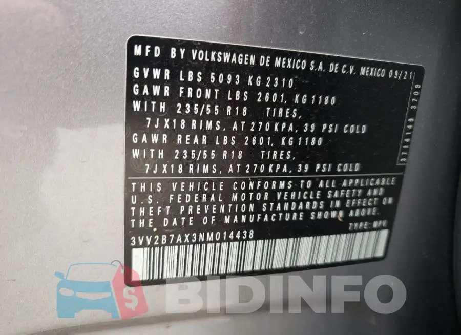 3VV2B7AX3NM014438 Photo# 10