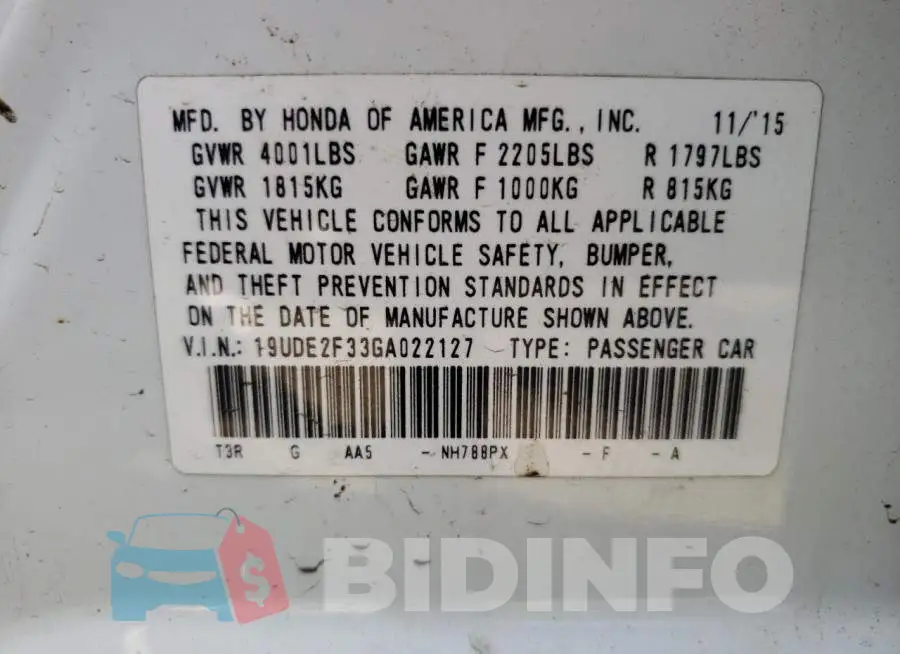 19UDE2F33GA022127 Photo# 10