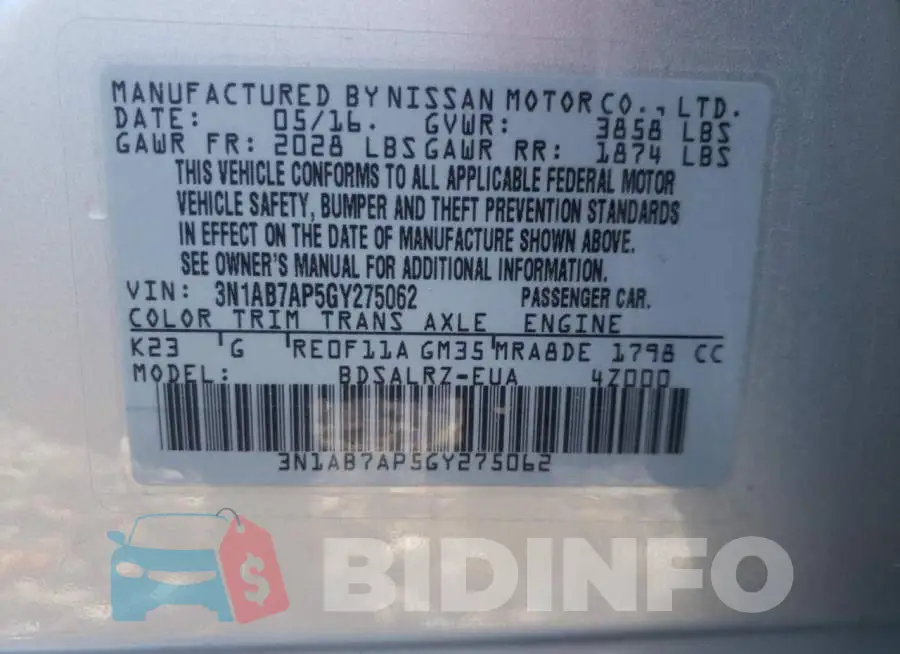 3N1AB7AP5GY275062 Photo# 10