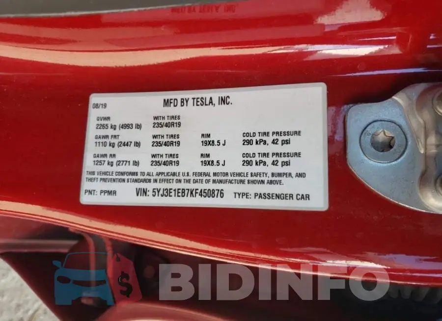 5YJ3E1EB7KF450876 Photo# 12