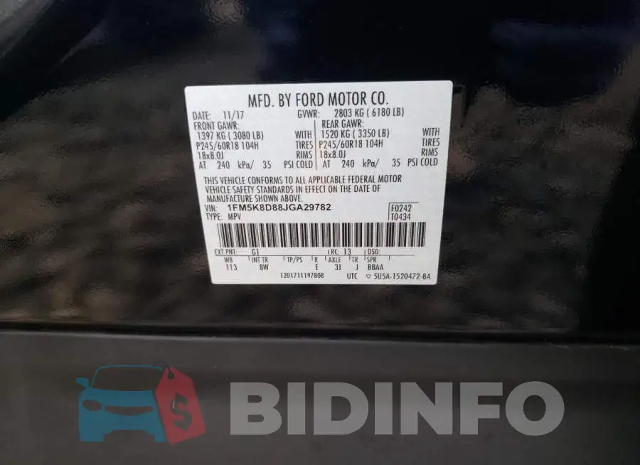 1FM5K8D88JGA29782 Photo# 10