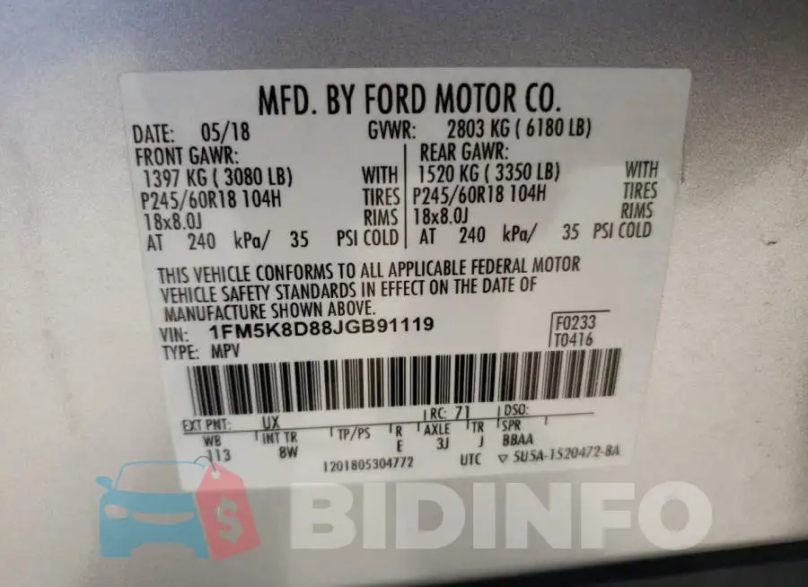 1FM5K8D88JGB91119 Photo# 10