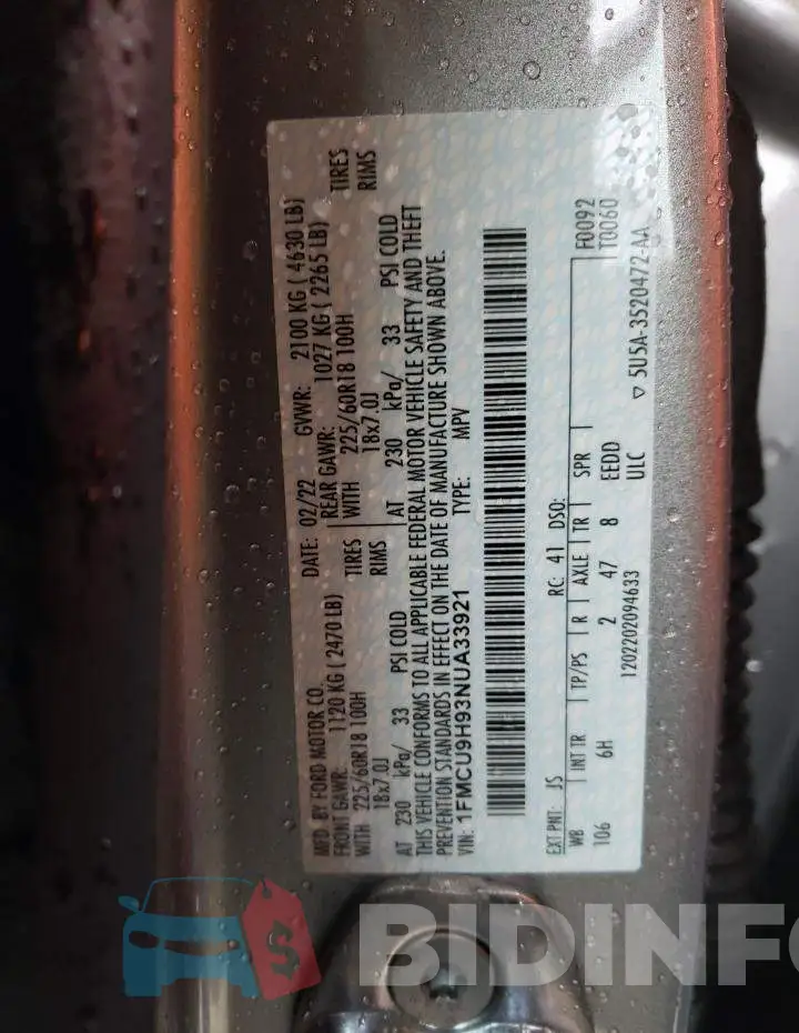 1FMCU9H93NUA33921 Photo# 10