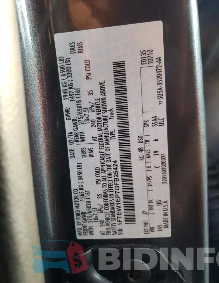 1FTEW1EP7GFB25424 Photo# 10