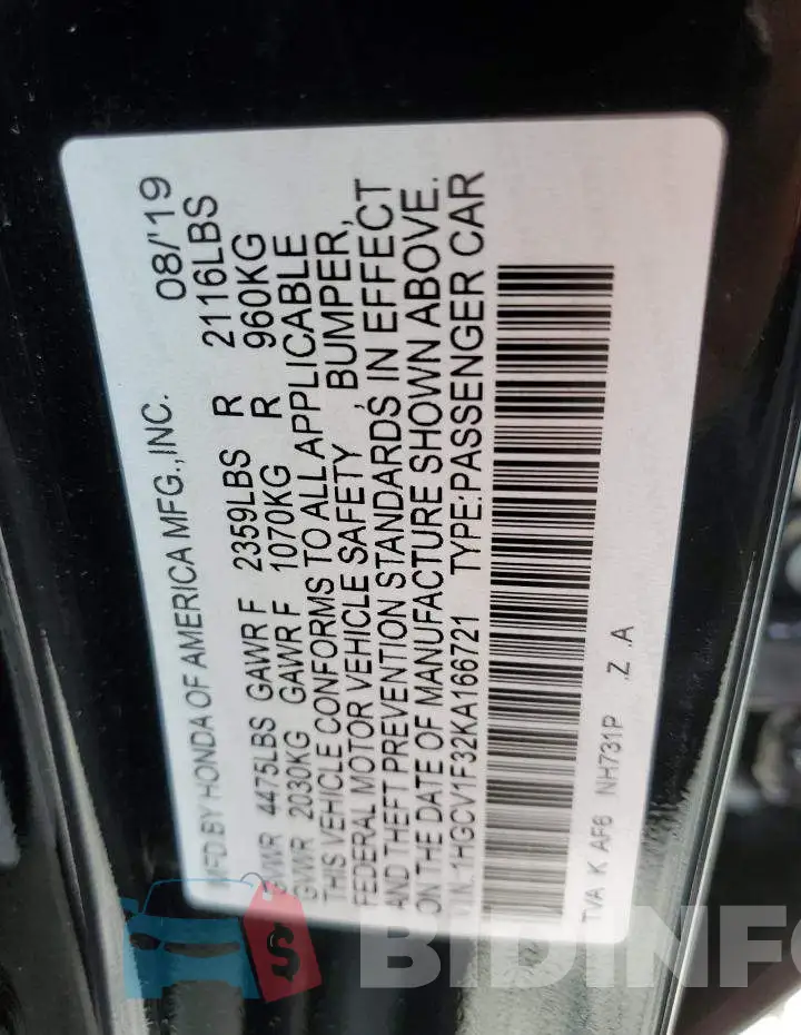 1HGCV1F32KA166721 Photo# 12