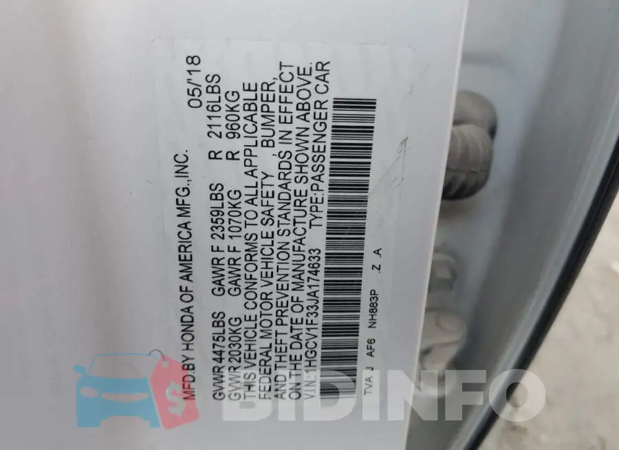 1HGCV1F33JA174633 Photo# 10