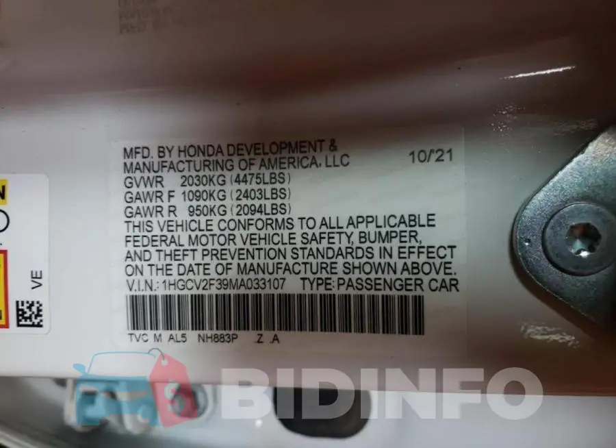 1HGCV2F39MA033107 Photo# 10