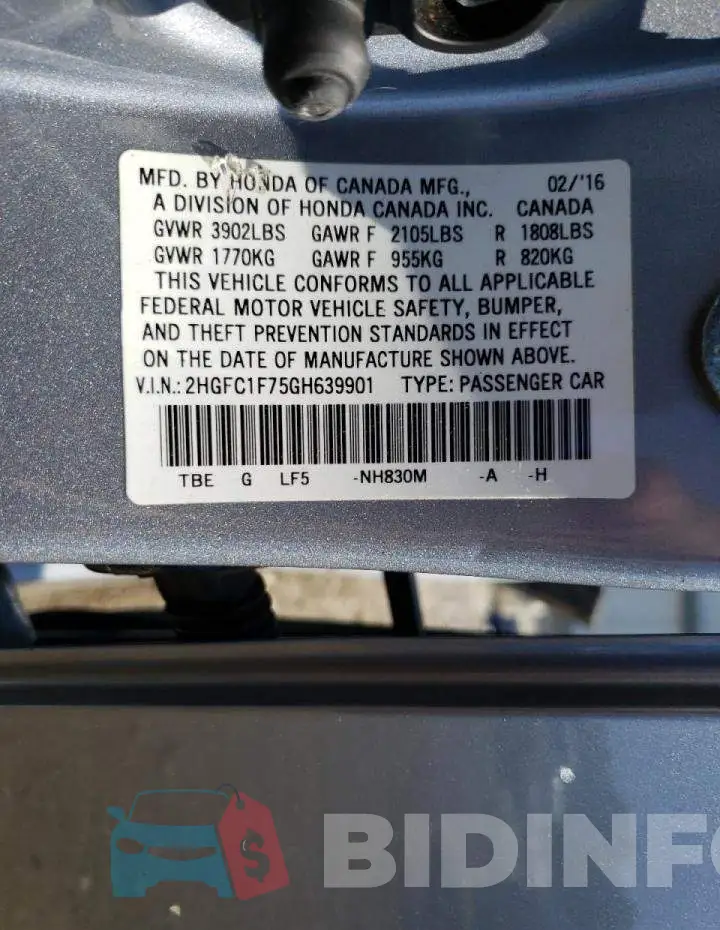 2HGFC1F75GH639901 Photo# 10
