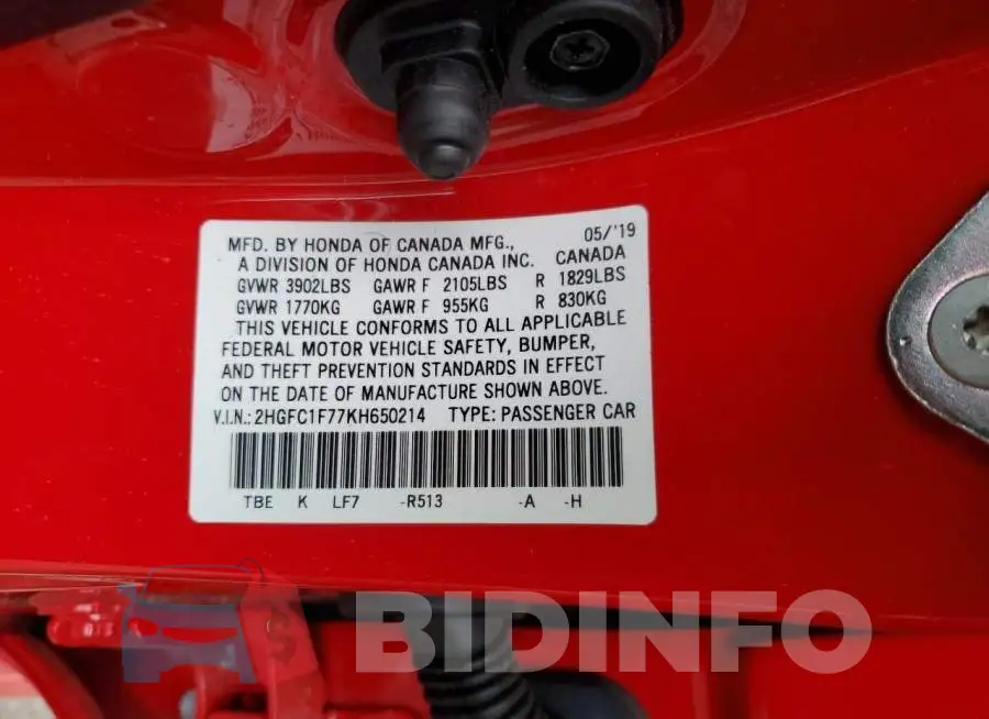 2HGFC1F77KH650214 Photo# 10
