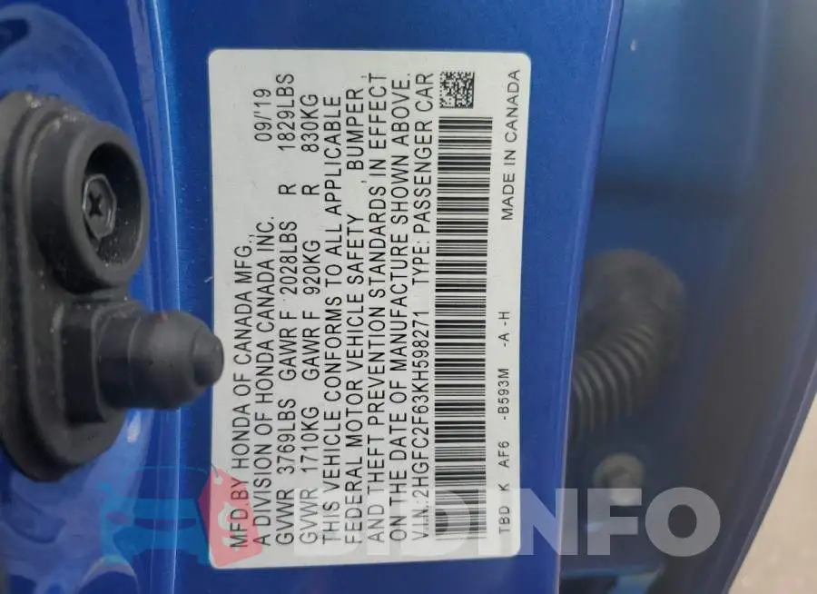 2HGFC2F63KH598271 Photo# 12