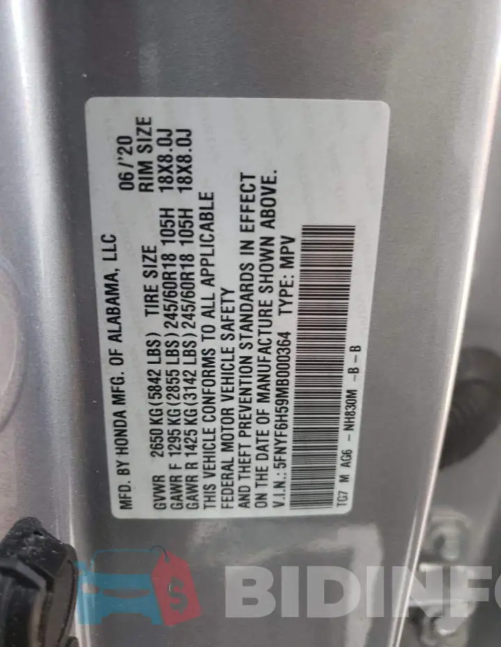 5FNYF6H59MB000364 Photo# 10