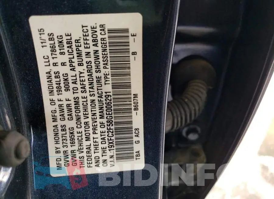 19XFC2F58GE006291 Photo# 10