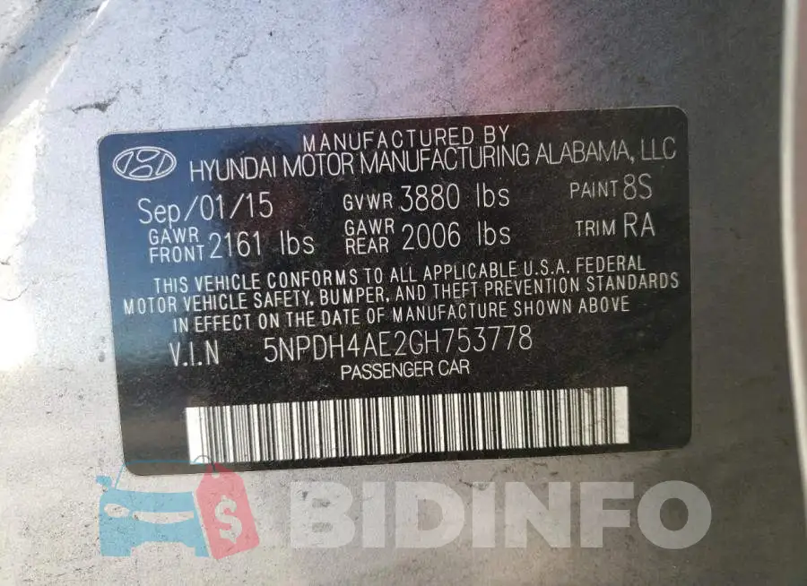 5NPDH4AE2GH753778 Photo# 10