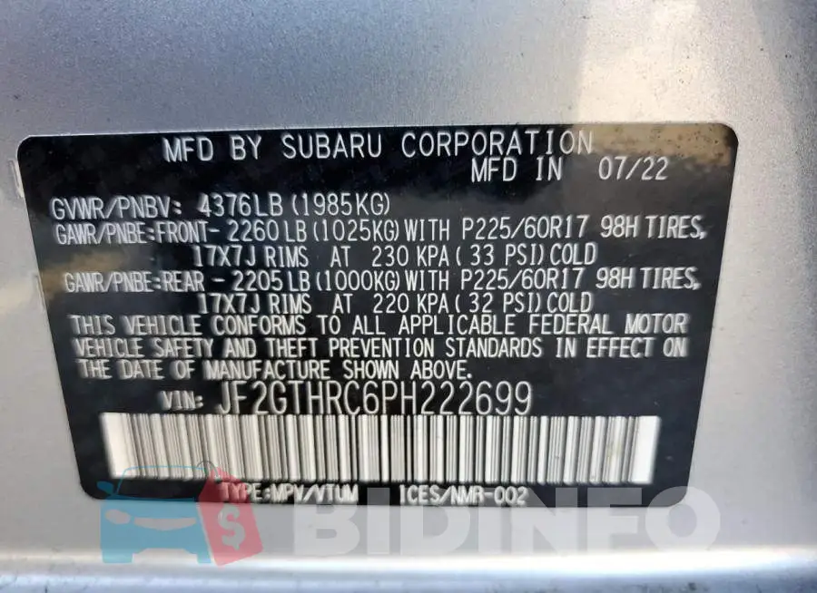 JF2GTHRC6PH222699 Photo# 10