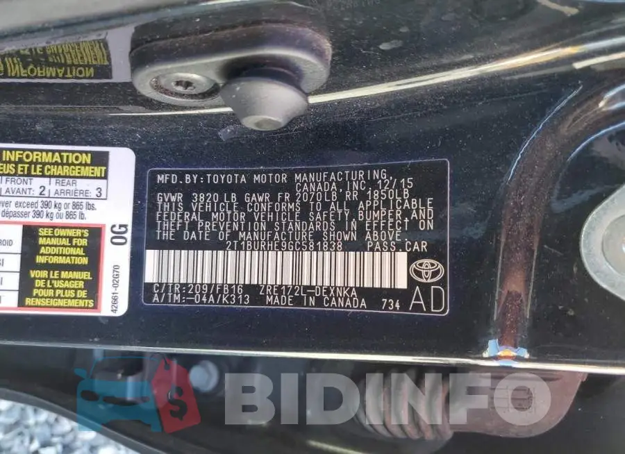 2T1BURHE9GC581838 Photo# 10