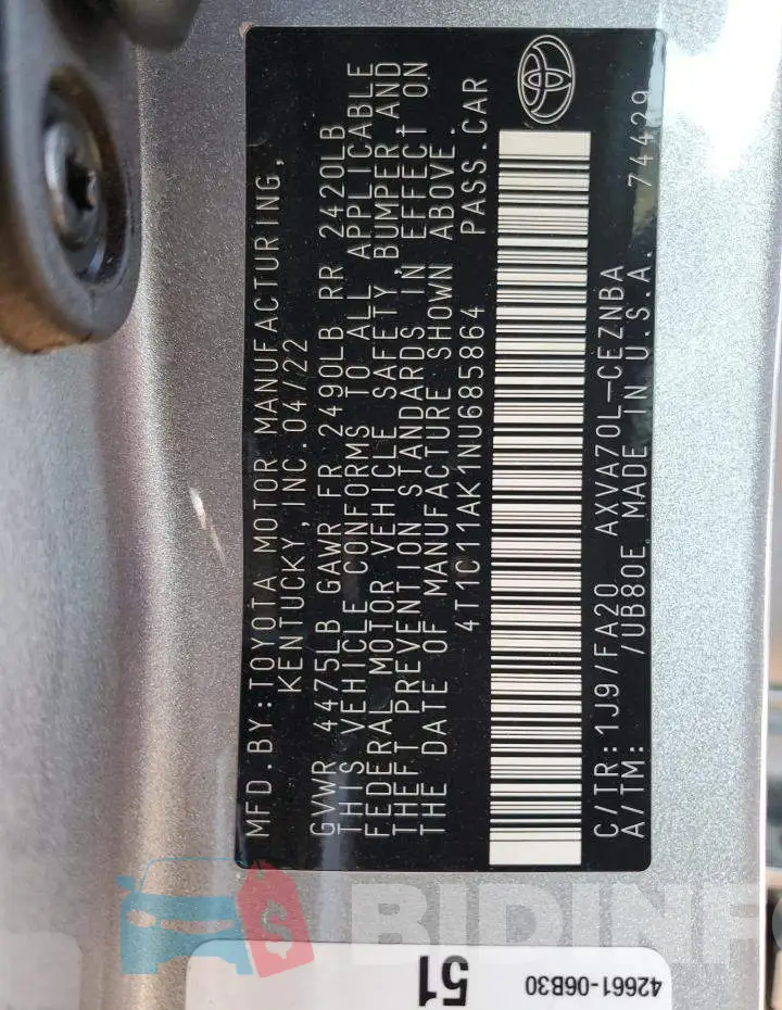 4T1C11AK1NU685864 Photo# 12