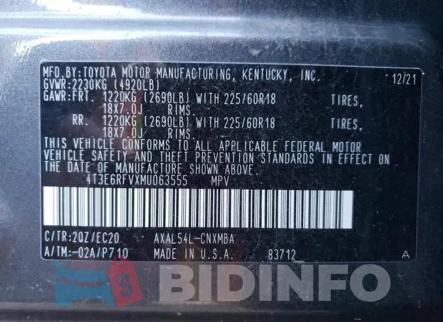 4T3E6RFVXMU063555 Photo# 12