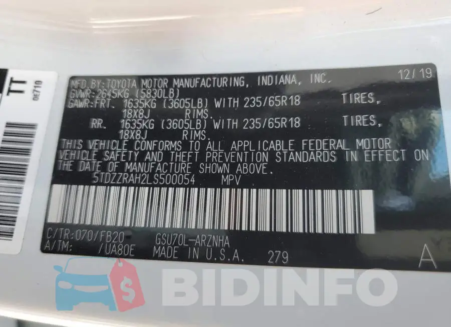 5TDZZRAH2LS500054 Photo# 10