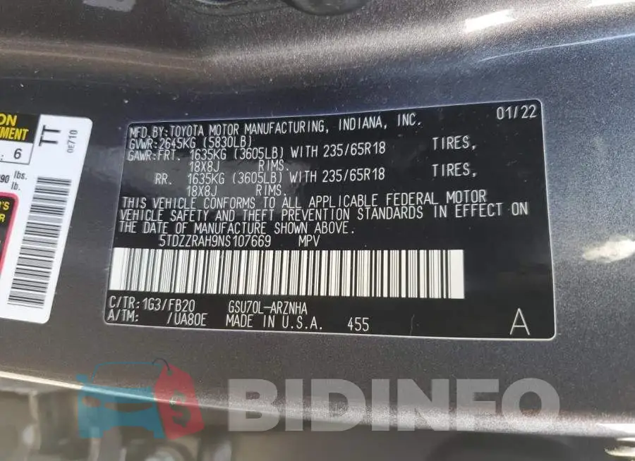 5TDZZRAH9NS107669 Photo# 10