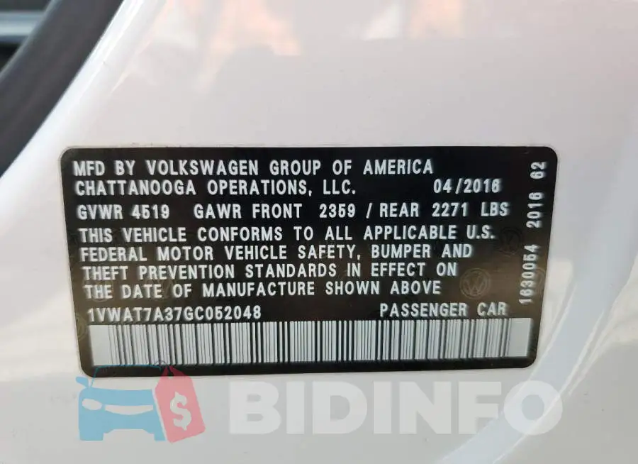 1VWAT7A37GC052048 Photo# 10