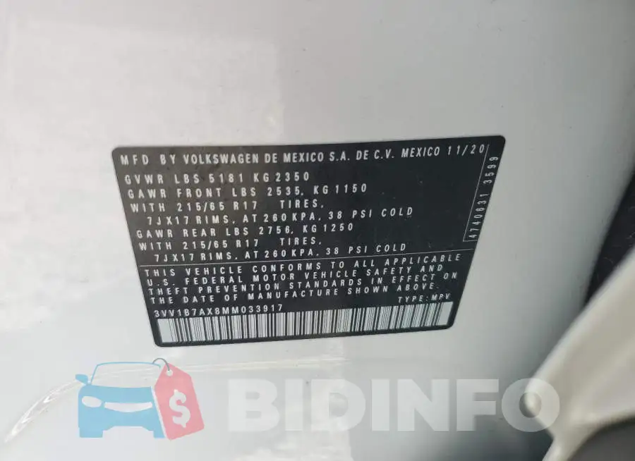 3VV1B7AX8MM033917 Photo# 13