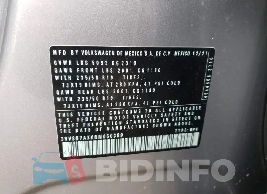 3VV8B7AX6NM050389 Photo# 10